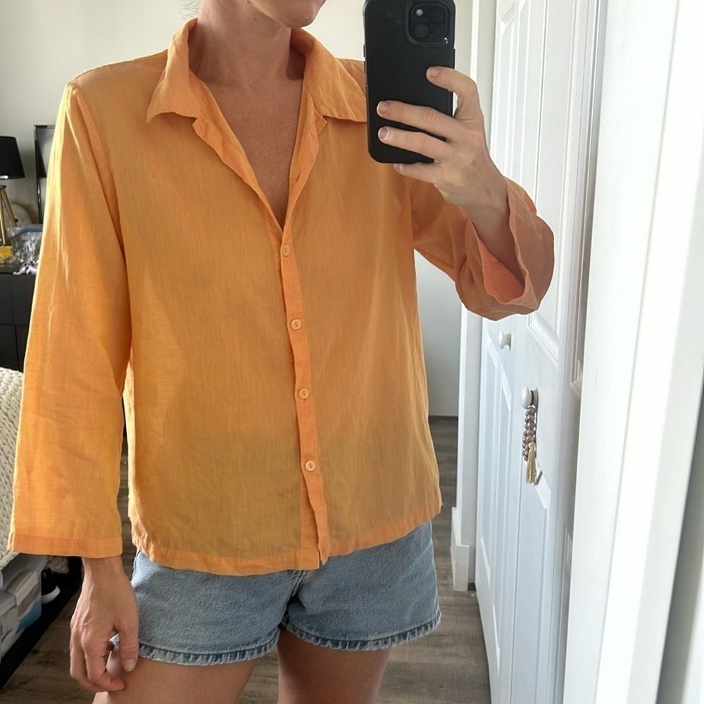 Eileen Fishe Womens Lightweight Button Up Long Sleeve Blouse Orange Top Small